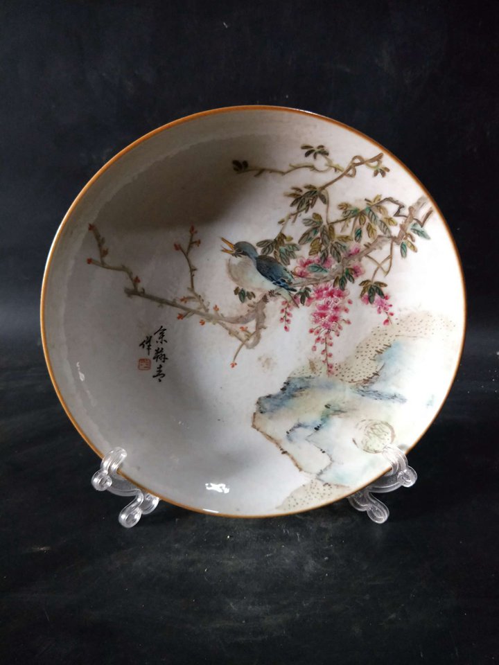 晚清民国浅绛彩花鸟赏盘